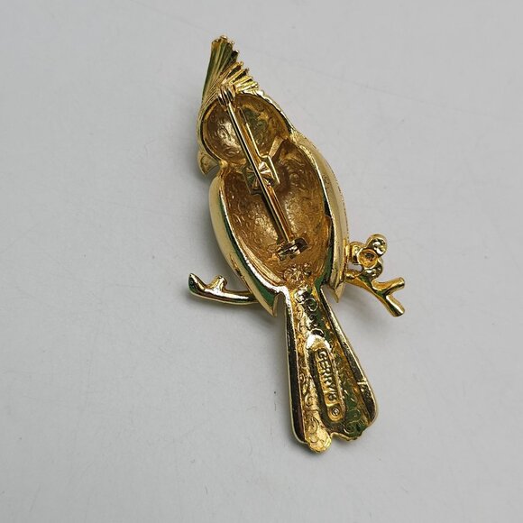 Vintage Gerry's Gold Tone Bird Brooch With Pink Rhinestones Cardinal Design - Picture 3 of 4